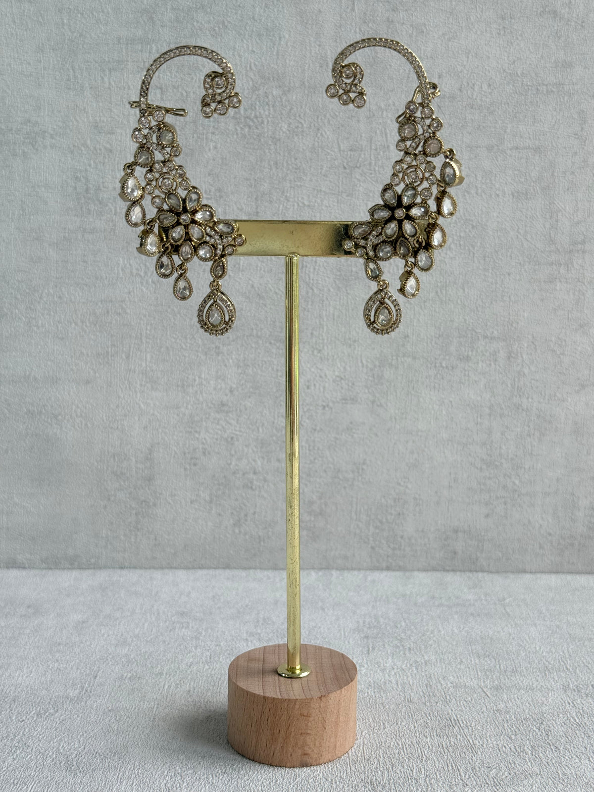 Ayura Designs Aksara Kaanphool Earrings – Kundan, Crystals & Antique Gold Finish