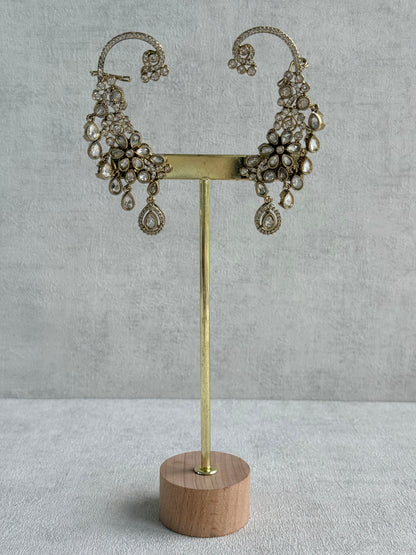 Ayura Designs Aksara Kaanphool Earrings – Kundan, Crystals & Antique Gold Finish