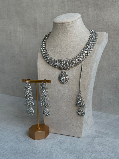 Ayura Designs Falaq Set with Necklace, Earrings & Tikka – Silver Finish with Diamond-Cut Crystals