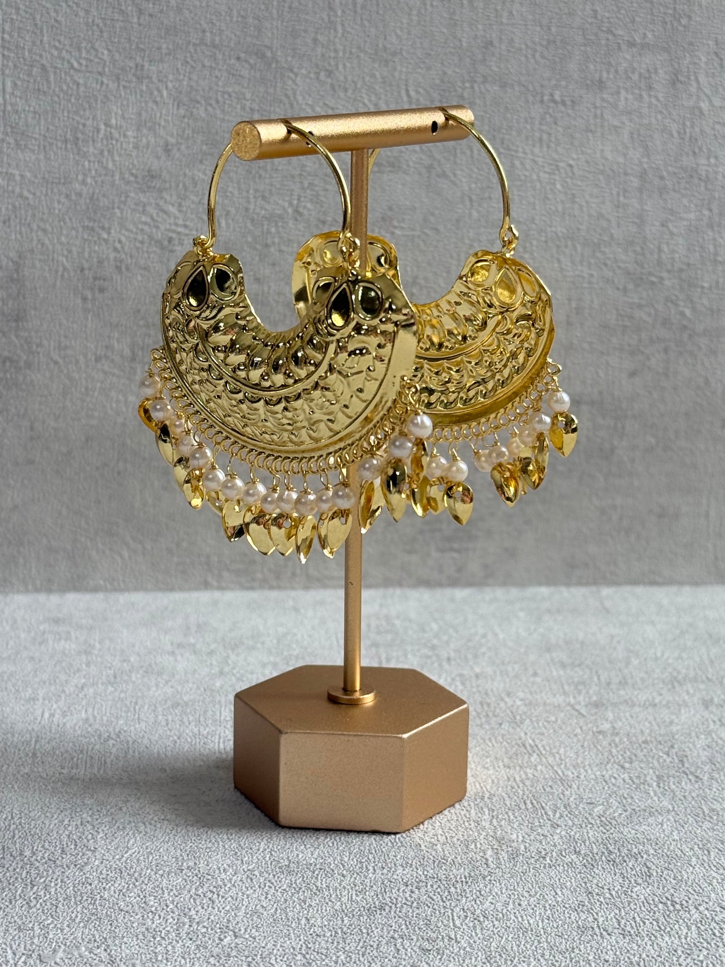 Ayura Designs Surkhab Balis – Pippal Patti Statement Earrings with Pearls & Gold Leaf Charms