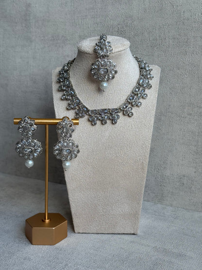 Ayura Designs Sumbul Set with Necklace, Earrings & Tikka – Mirror-Cut Stones, Pearl Drops & Silver Finish