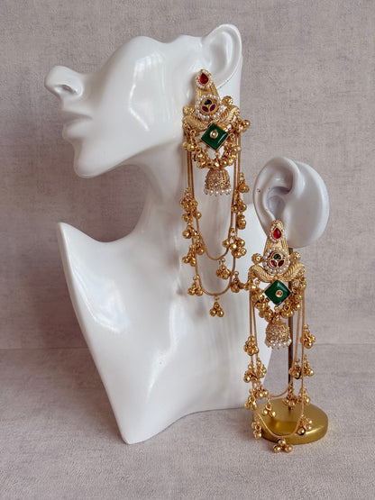 Ayura Designs Simal Earrings – Kashmiri Earrings with Green Stone, Multicoloured Detailing, Layered Ghungroo Chains & Jhumkis