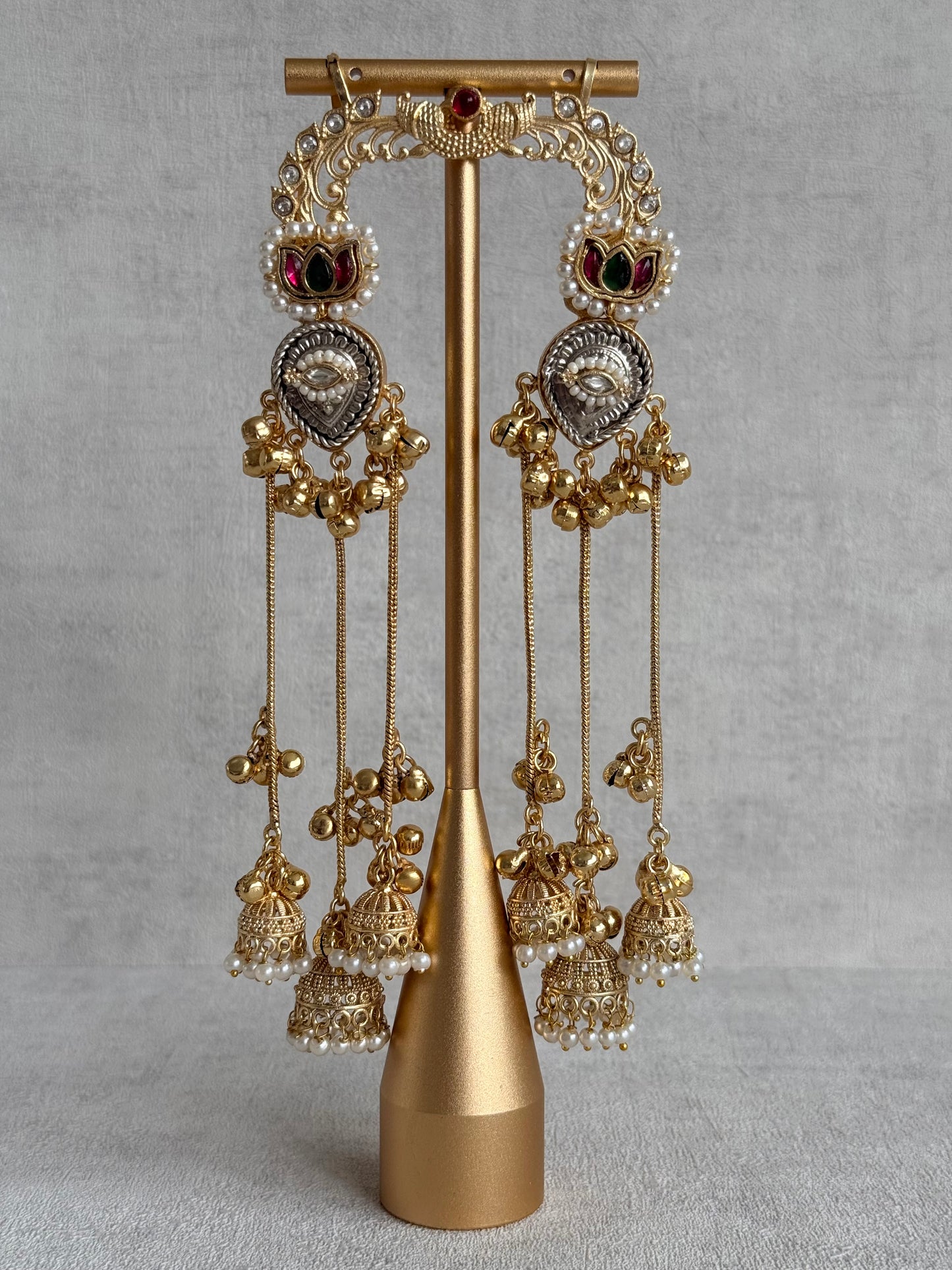 Ayura Designs Kaifiya Earrings – Peacock-Inspired Half Ear Cuff Jhumkis with Ruby Pink & Emerald Stones