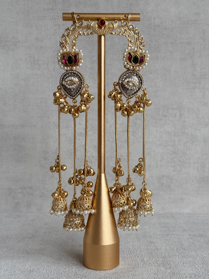 Ayura Designs Kaifiya Earrings – Peacock-Inspired Half Ear Cuff Jhumkis with Ruby Pink & Emerald Stones