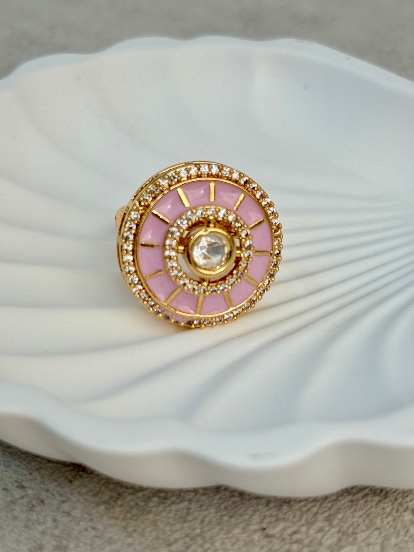 Ayura Designs Maisie Adjustable Ring – Blush Pink Enamel with Crystal Border & Moissanite Centre