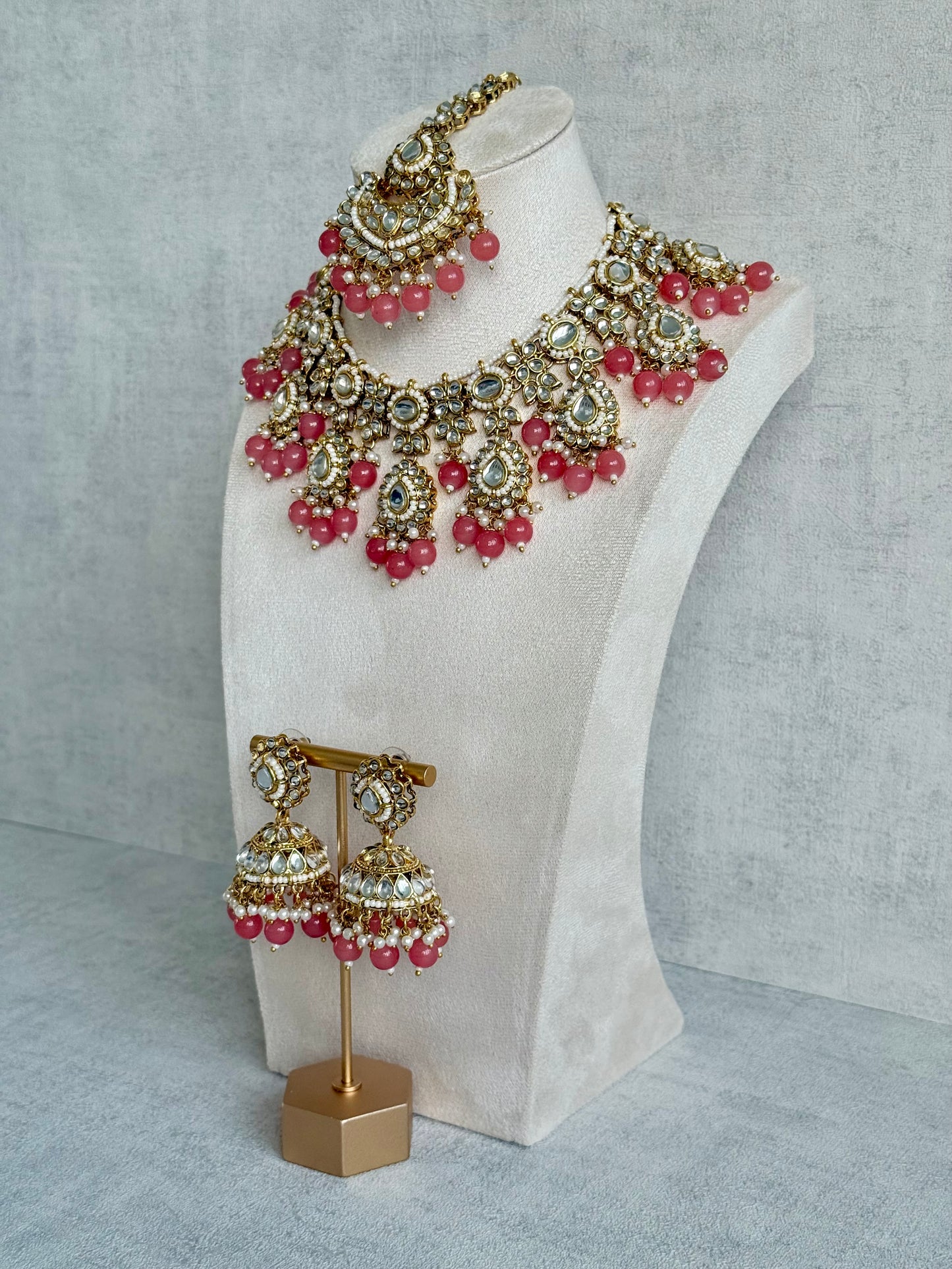 Ayura Designs Iyla Set with Necklace, Earrings & Tikka – Kundan Detailing, Ivory Pearl Drops & Peach Beads