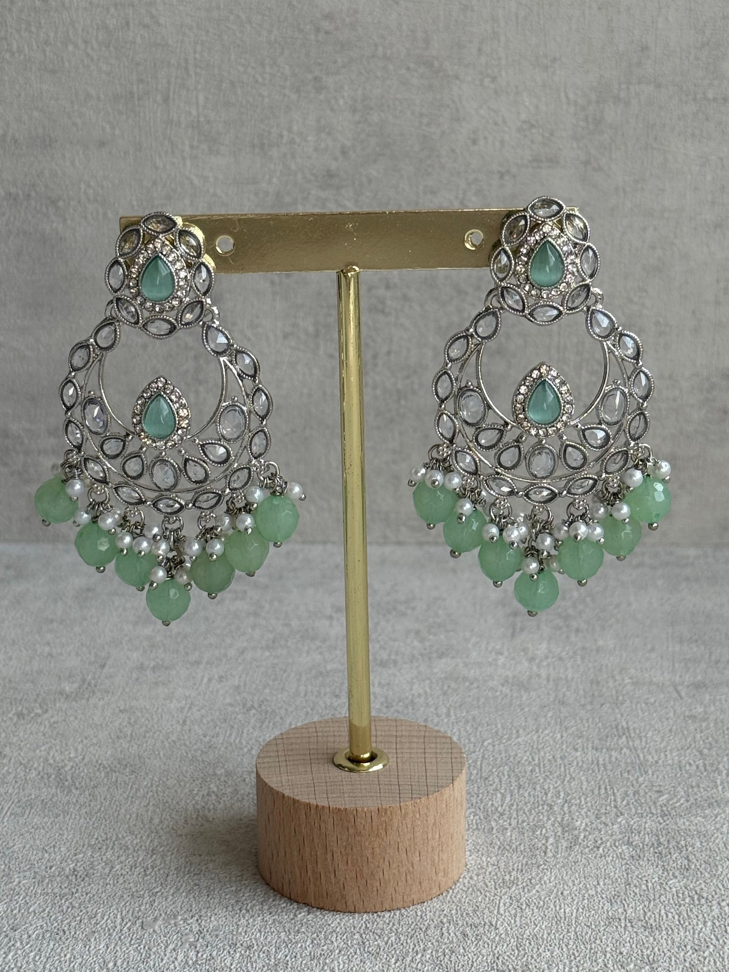 Ayura Designs Eknoor Set – Necklace, Tikka & Earrings with Pistachio Green Beads, Pearls and Silver Finish
