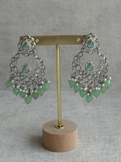 Ayura Designs Eknoor Set – Necklace, Tikka & Earrings with Pistachio Green Beads, Pearls and Silver Finish