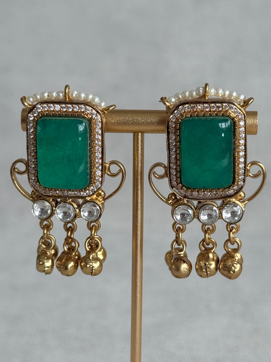 Ayura Designs Aleena Earrings – Emerald Green Stone Stud Earrings with Pearls & Ghungroo Detailing