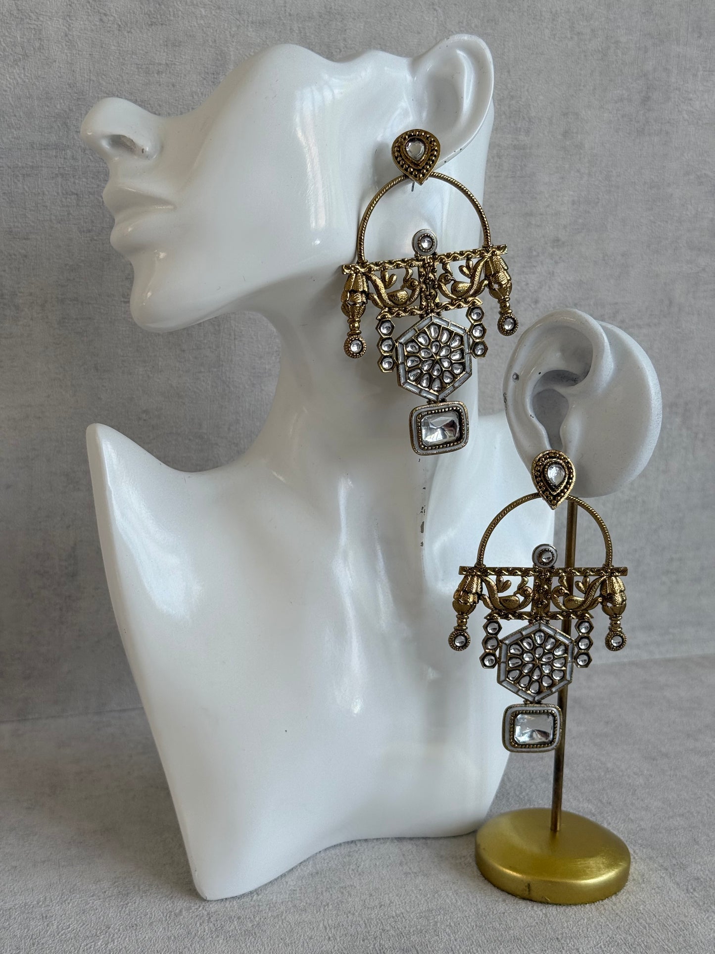 Ayura Designs Irene Earrings – Ivory Kundan, Meenakari & Crystal Peacock Chandeliers in Gold