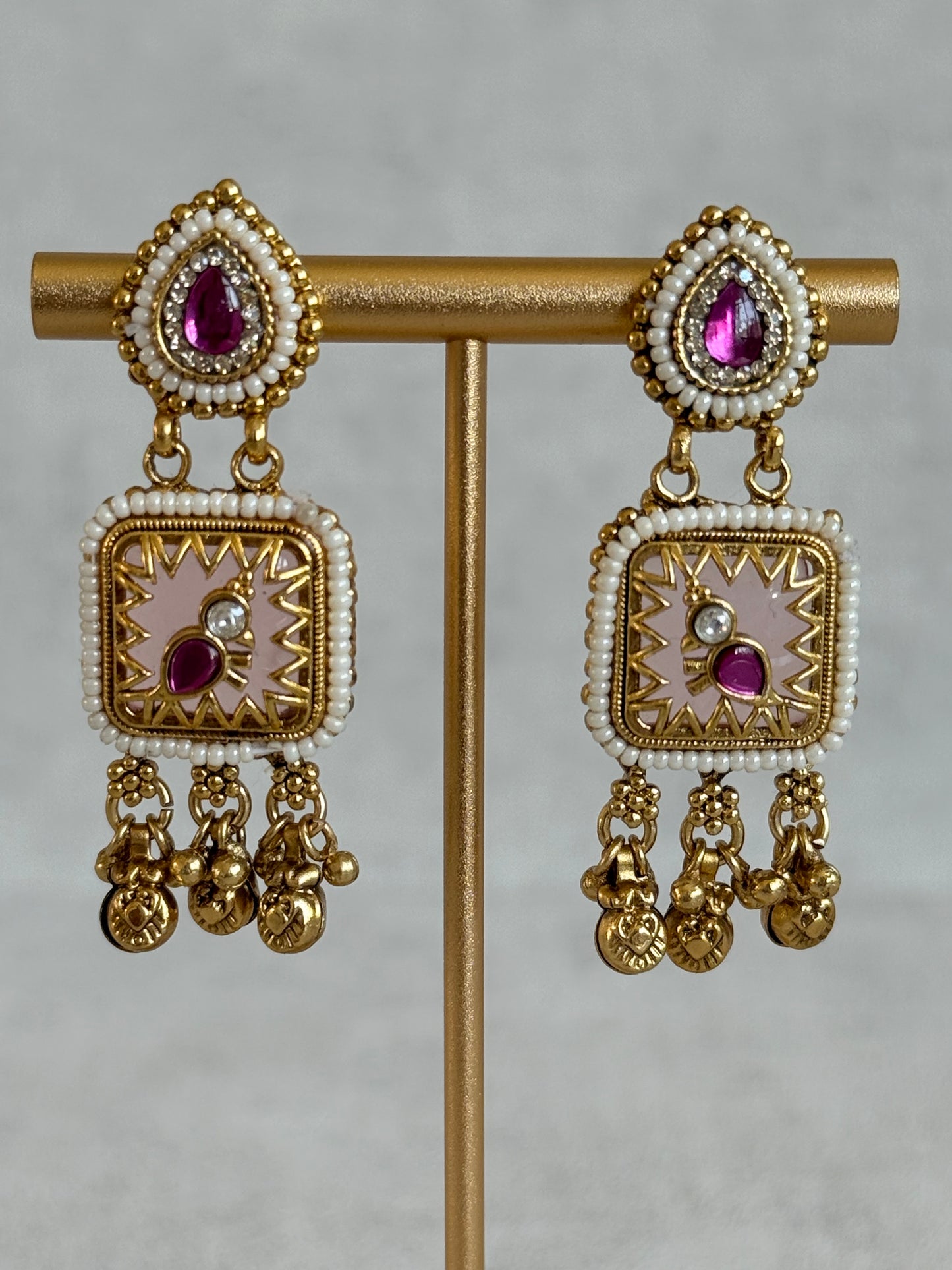 Ayura Designs Inira Drop Earrings – Blush Pink Enamel Bird Earrings with Rani Pink Kundan & Ghungroo Drops