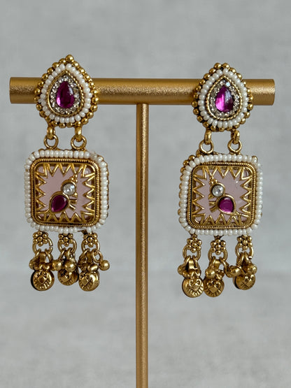 Ayura Designs Inira Drop Earrings – Blush Pink Enamel Bird Earrings with Rani Pink Kundan & Ghungroo Drops