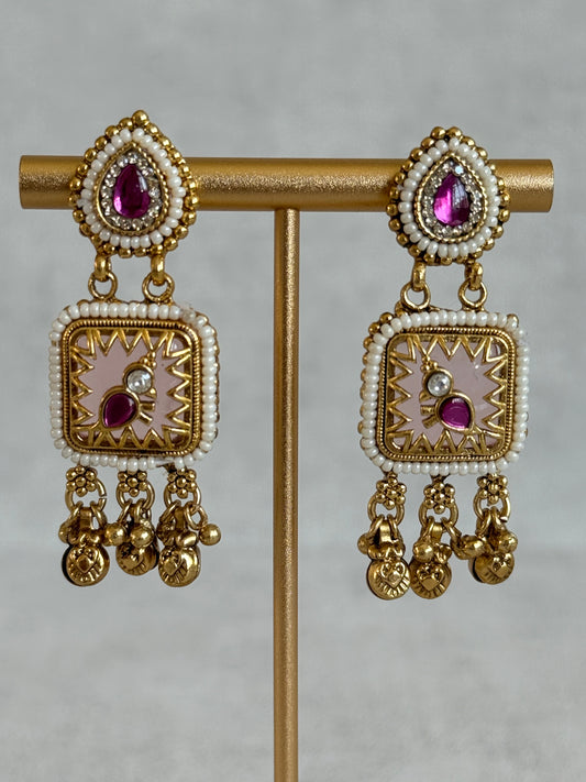 Ayura Designs Inira Drop Earrings – Blush Pink Enamel Bird Earrings with Rani Pink Kundan & Ghungroo Drops