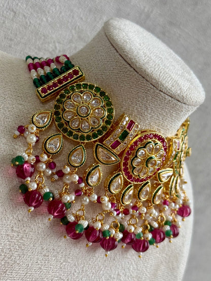 Ayura Designs Yasvi Set – Necklace & Earrings with Mirror-Cut Stones, Fuchsia Pink, Emerald Green & Pearl Detailing