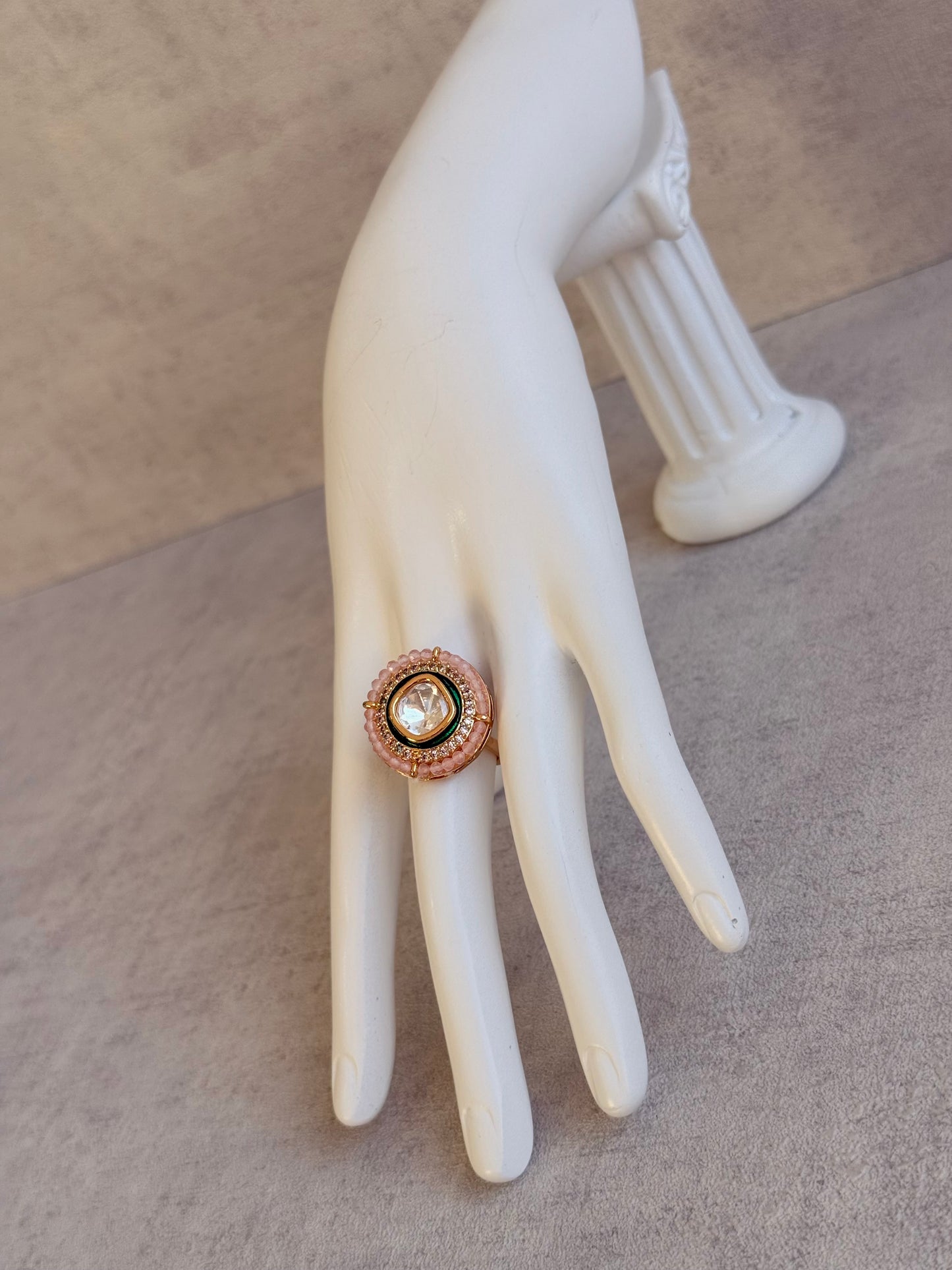 Ayura Designs Roselle Adjustable Ring – Moissanite Centre with Crystal Border & Blush Pink Beads