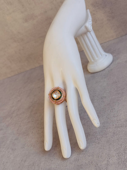 Ayura Designs Roselle Adjustable Ring – Moissanite Centre with Crystal Border & Blush Pink Beads