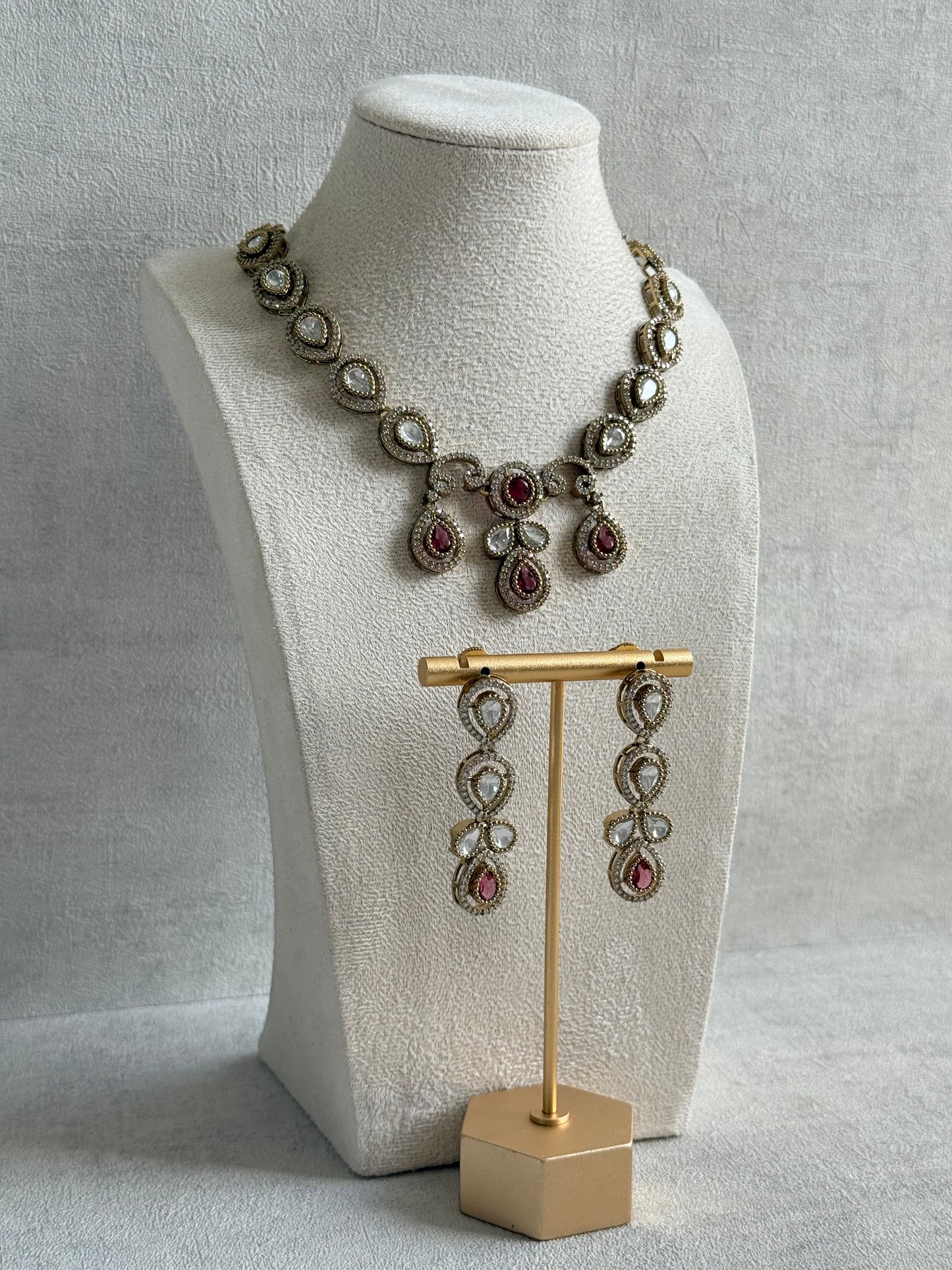 Ayura Designs Bianca Necklace Set with Earrings – Kundan, Ruby Pink Stones, Crystals & Gold Finish