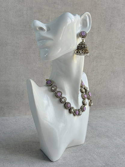 Ayura Designs Eira Necklace Set with Earrings & Tikka – Lilac & Crystal Stones with Antique Gold Finish