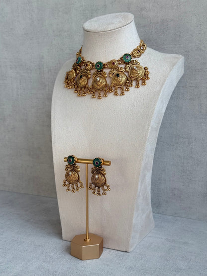 Ayura Designs Alera Set with Necklace & Earrings – Peacock Green and Rani Pink with Antique Gold Ghungroo Detailing