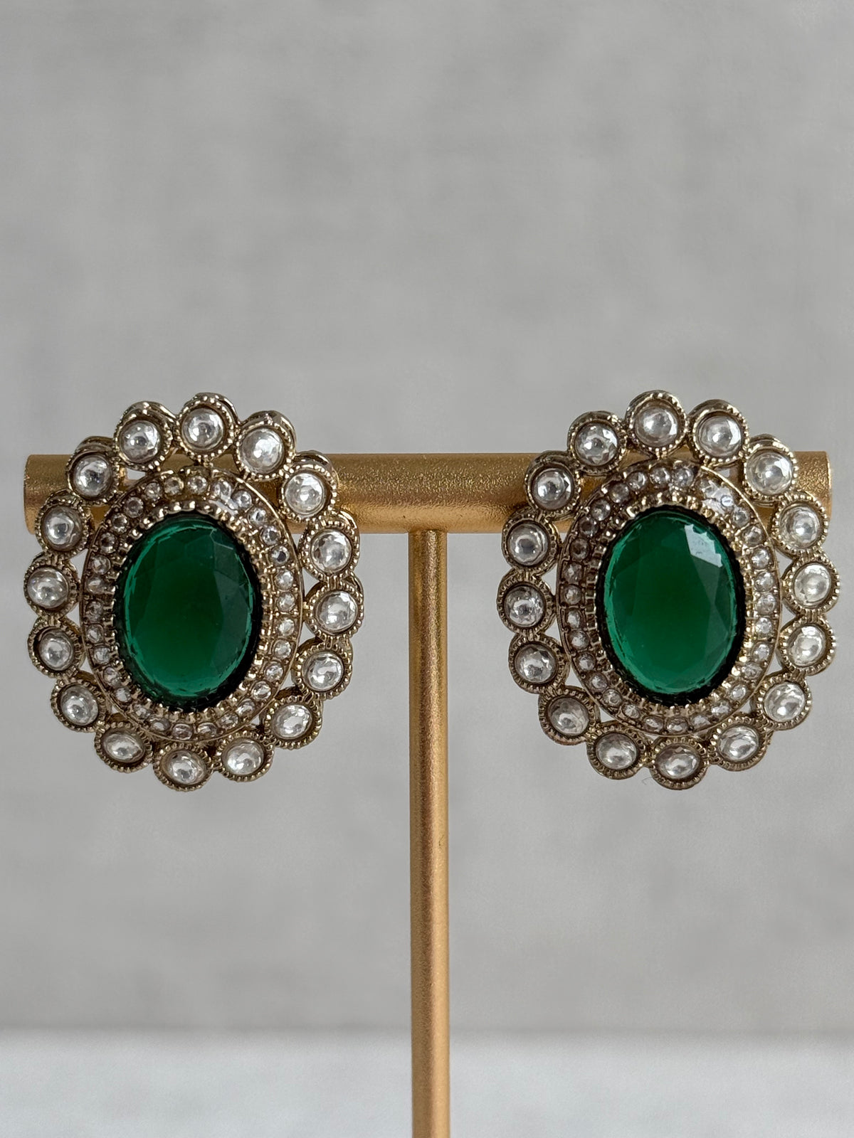 Ayura Designs Inza Necklace Set – Emerald Green Stones, Kundan & Crystals with Antique Gold Finish