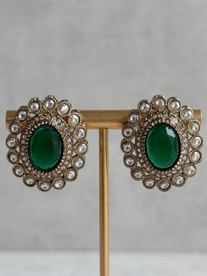 Ayura Designs Inza Necklace Set – Emerald Green Stones, Kundan & Crystals with Antique Gold Finish
