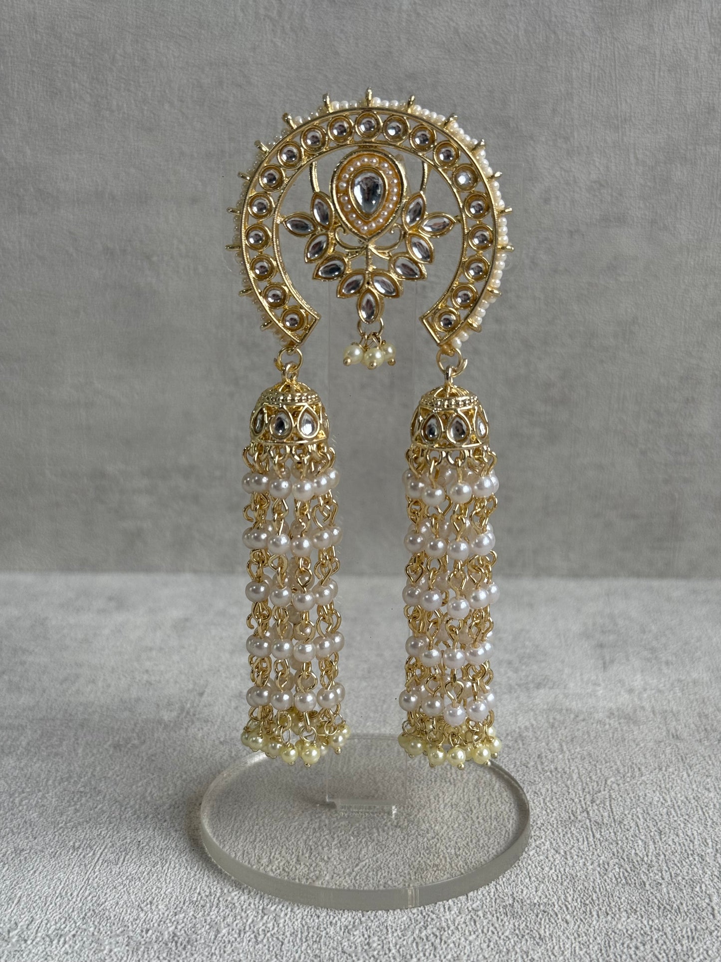 Ayura Designs Kamya Hair Brooch – Polki Crescent with Pearl Tassels in Gold Finish