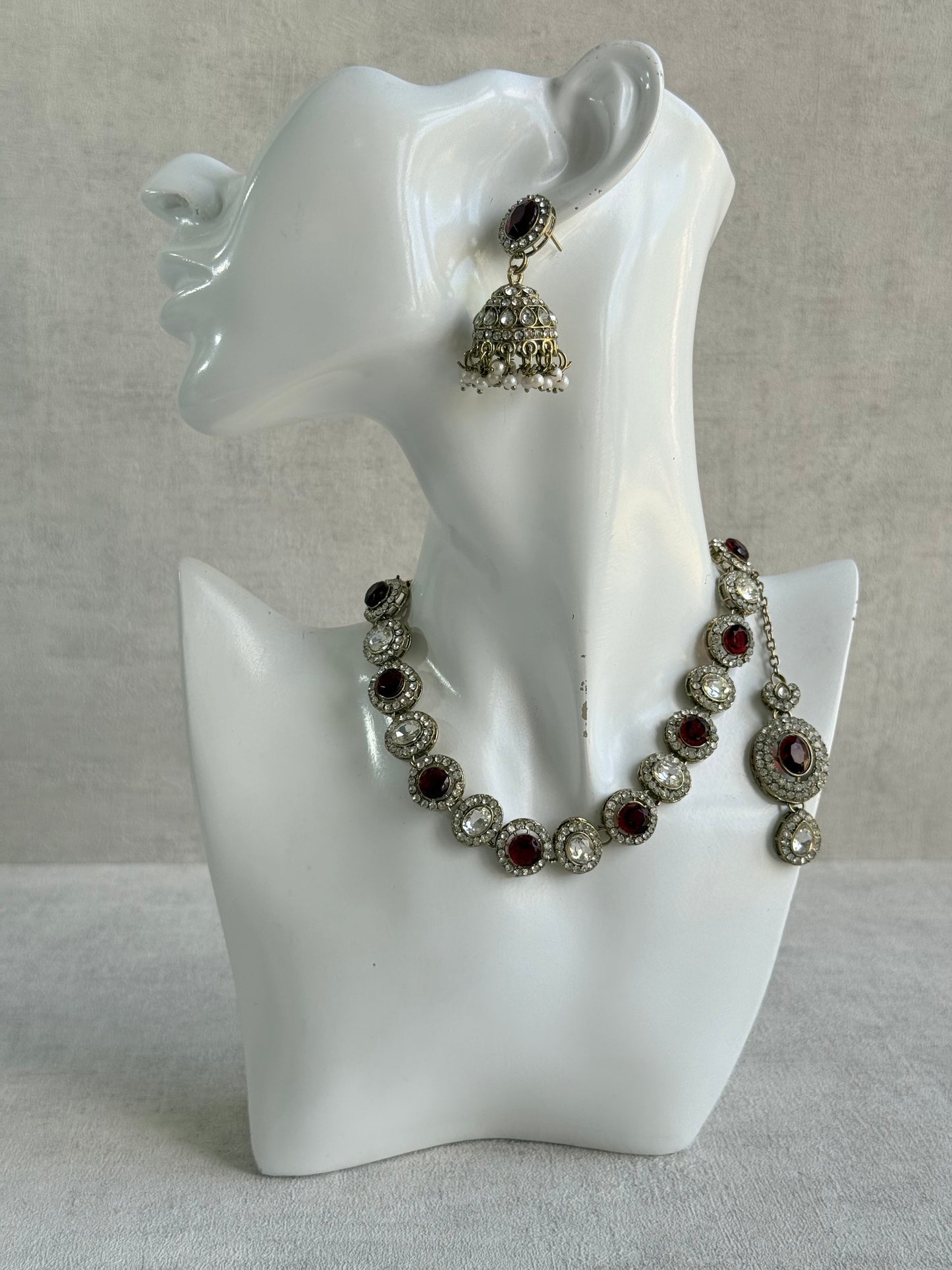 Ayura Designs Eira Necklace Set with Earrings & Tikka – Ruby Red & Crystal Stones with Antique Gold Finish