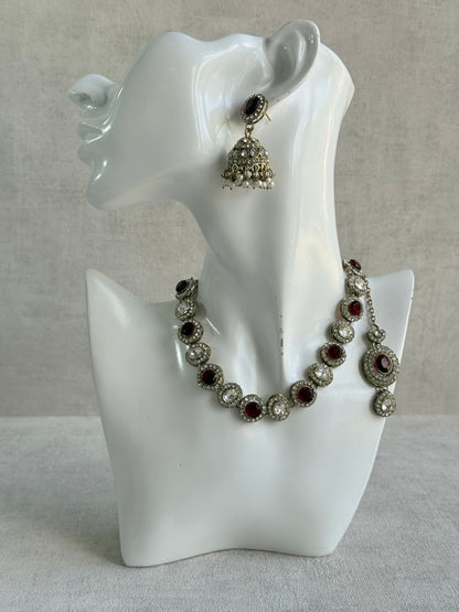 Ayura Designs Eira Necklace Set with Earrings & Tikka – Ruby Red & Crystal Stones with Antique Gold Finish