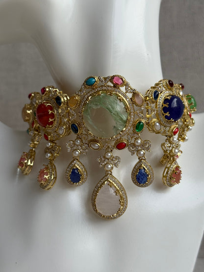 Ayura Designs Willow Choker Set – Statement Multicolour Stone Choker with Pearls & Antique Gold Detailing