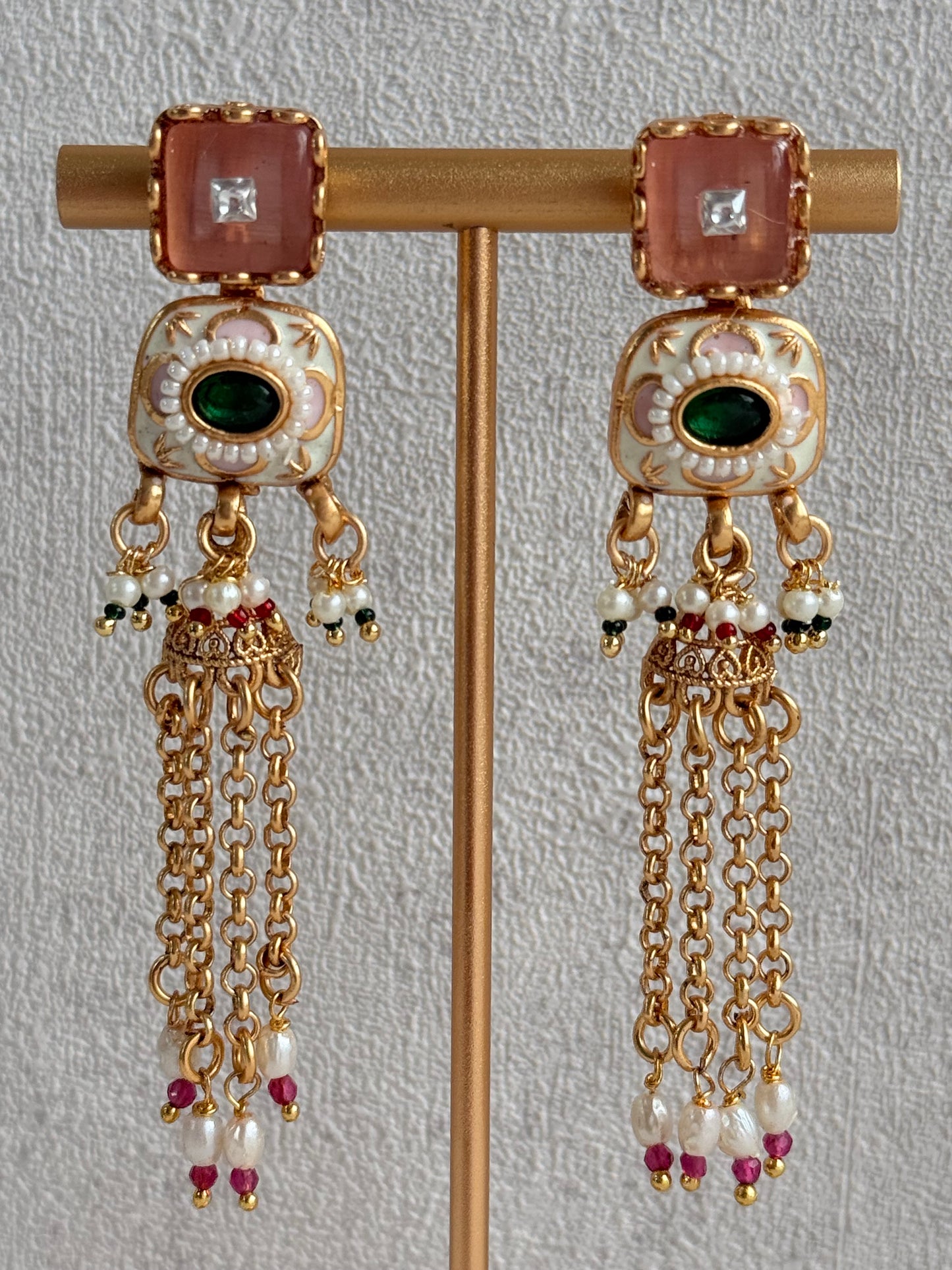 Ayura Designs Thansi Necklace Set with Earrings – Pink & Green Stones, Enamel Detailing, Chains with Pearl Drops & Gold Finish