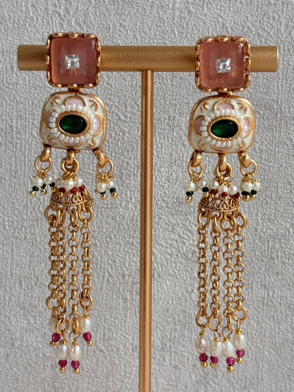 Ayura Designs Thansi Necklace Set with Earrings – Pink & Green Stones, Enamel Detailing, Chains with Pearl Drops & Gold Finish