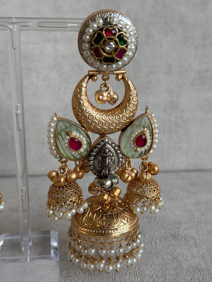 Ayura Designs Wajiha Earrings – Antique Gold Chandbalis with Meenakari Studs, Crescent Drops, Mint Enamel Petals & Layered Pearl Jhumkas