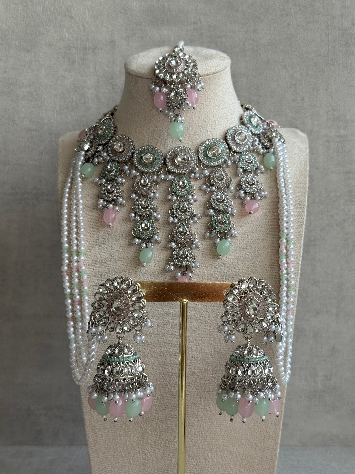 Ayura Designs Nawal Set – Necklace, Jhumkis, Tikka & Detachable Sahare with Mint & Blush Beads, Pearls & Antique Silver Finish