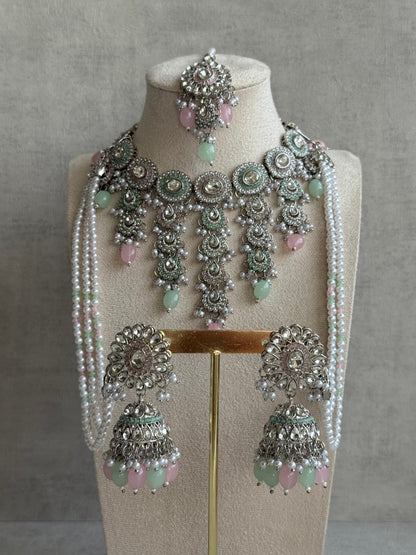 Ayura Designs Nawal Set – Necklace, Jhumkis, Tikka & Detachable Sahare with Mint & Blush Beads, Pearls & Antique Silver Finish