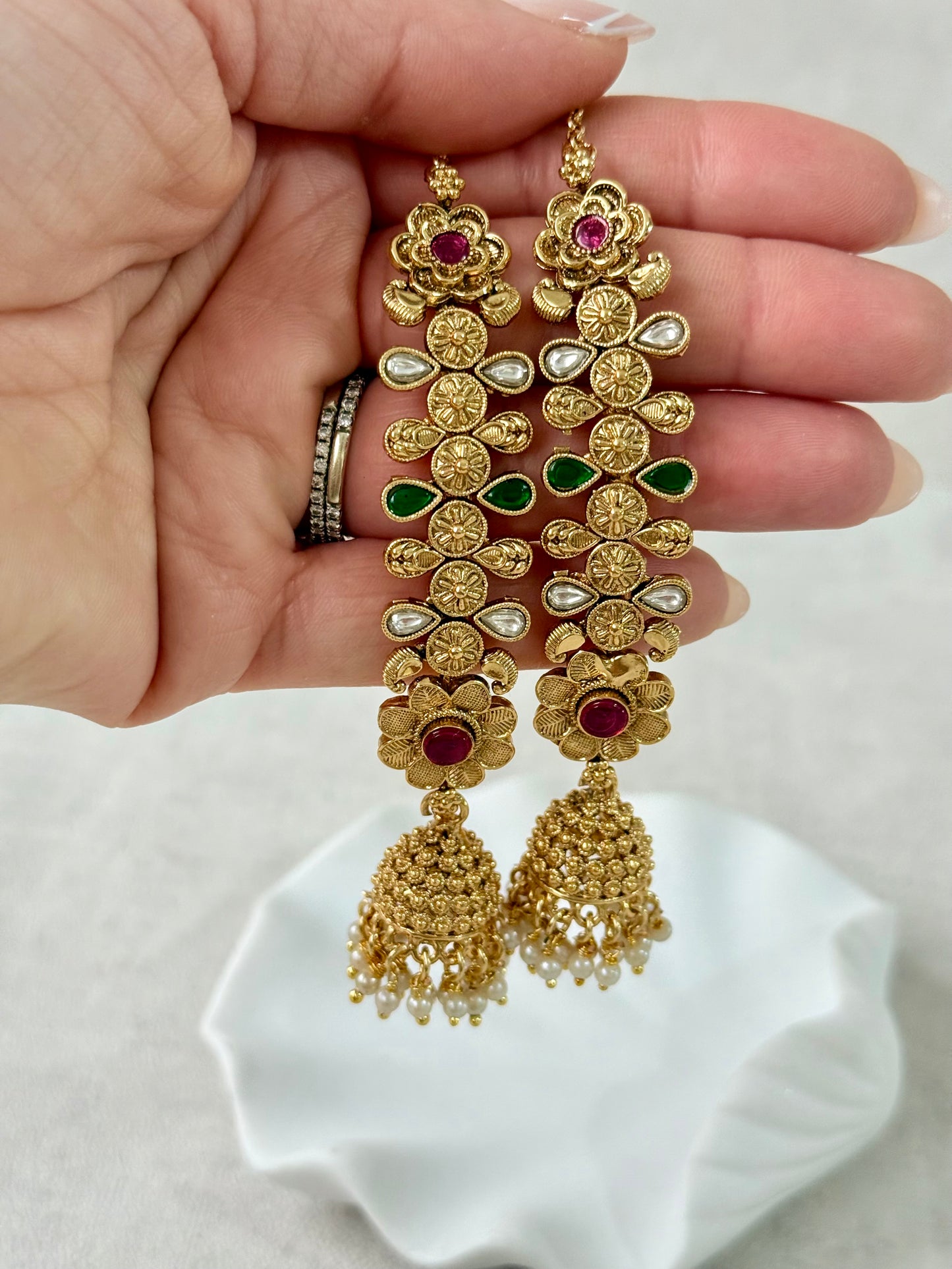 Ayura Designs Keerti Jhumkis – Antique Gold Kannauti Earrings with Ruby Pink & Emerald Green Stones, Mirror-Cut Detailing & Pearl Drops