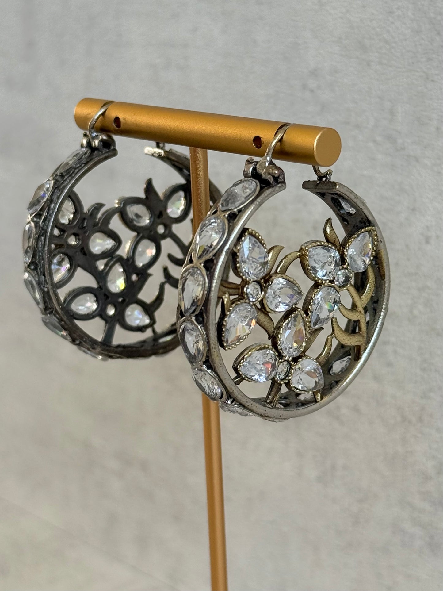 Ayura Designs Nureh Earrings – Dual Tone Floral Hoop Earrings with Crystal Stones & Cutwork Detailing