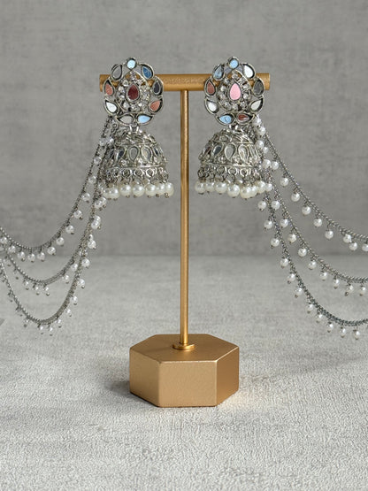 Ayura Designs Aiyana Jhumkis – Silver Mirror-Cut Earrings with Detachable Triple-Layer Pearl Sahare