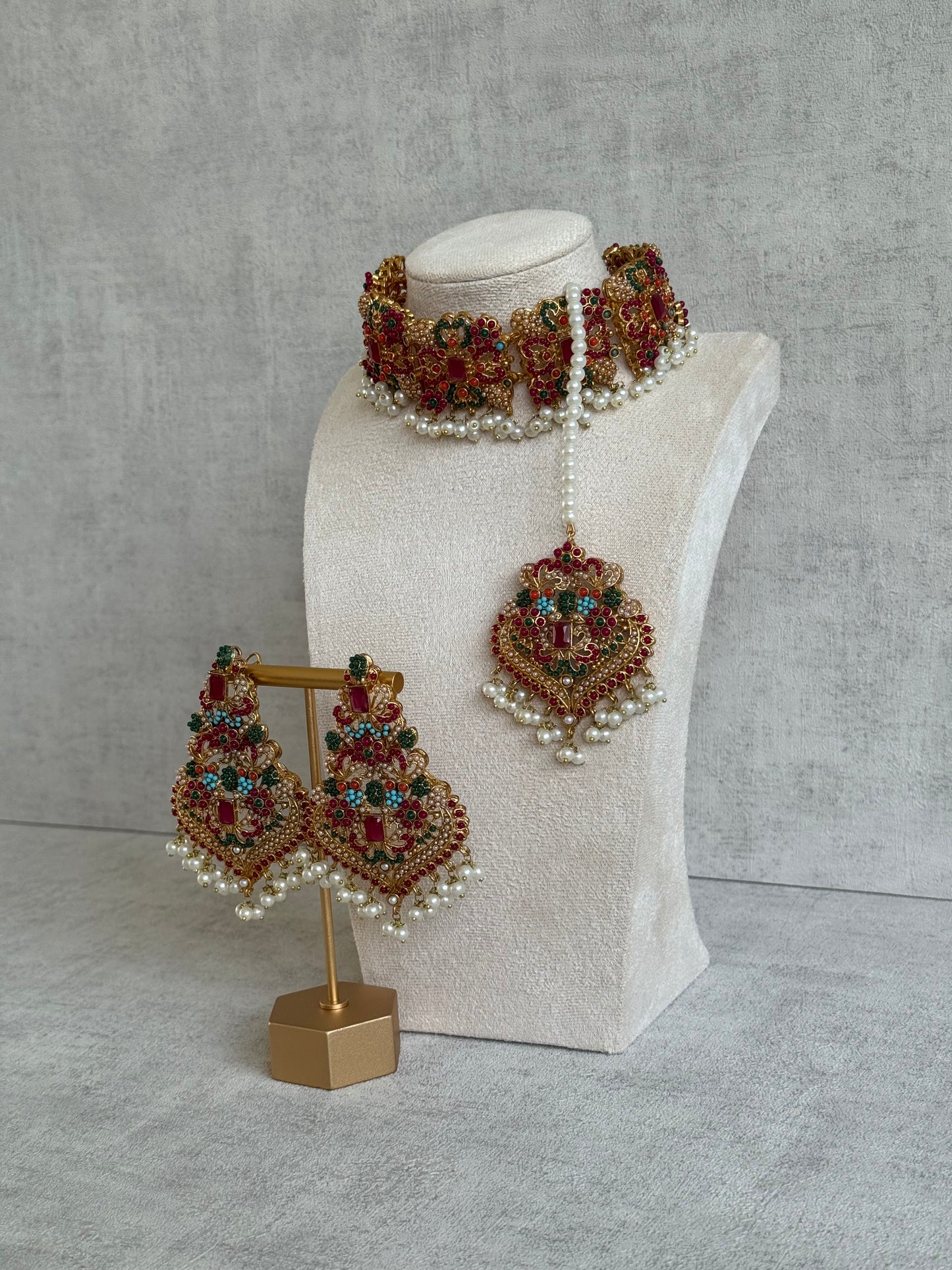 Ayura Designs Mahnoor Navratan Choker Set with Earrings & Tikka – Antique Gold Finish, Multicolour Enamel & Pearl Detailing