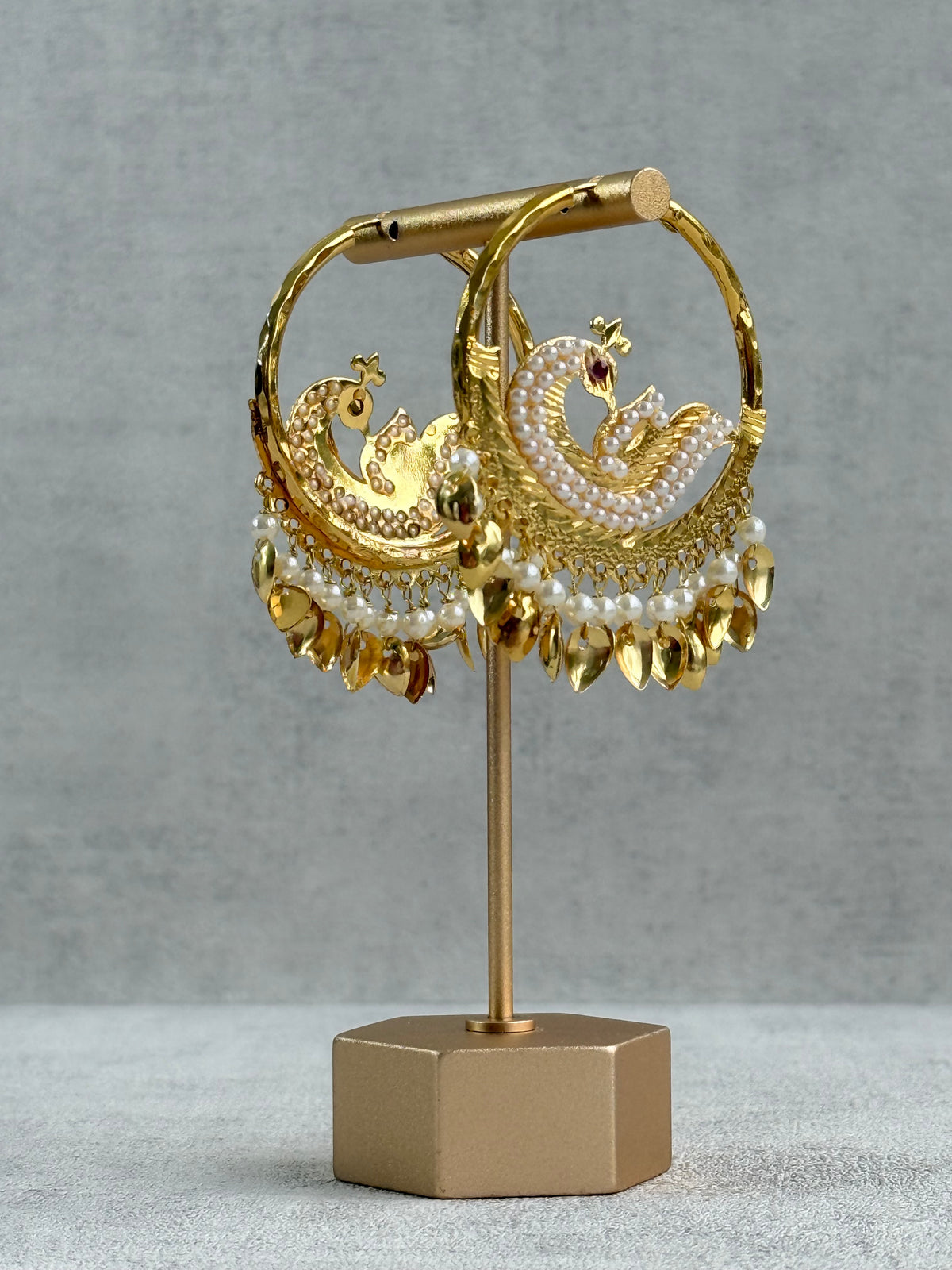Ayura Designs Hansi Balis – Peacock Design with Pearl & Pippal Patti Detailing in Gold Finish
