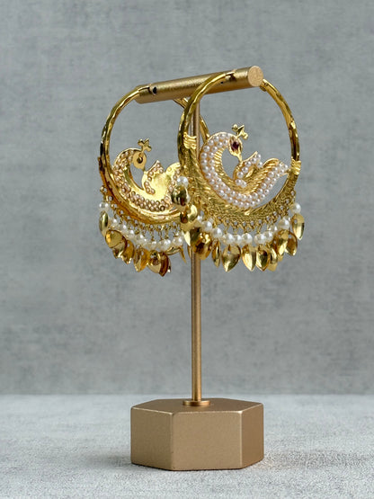 Ayura Designs Hansi Balis – Peacock Design with Pearl & Pippal Patti Detailing in Gold Finish