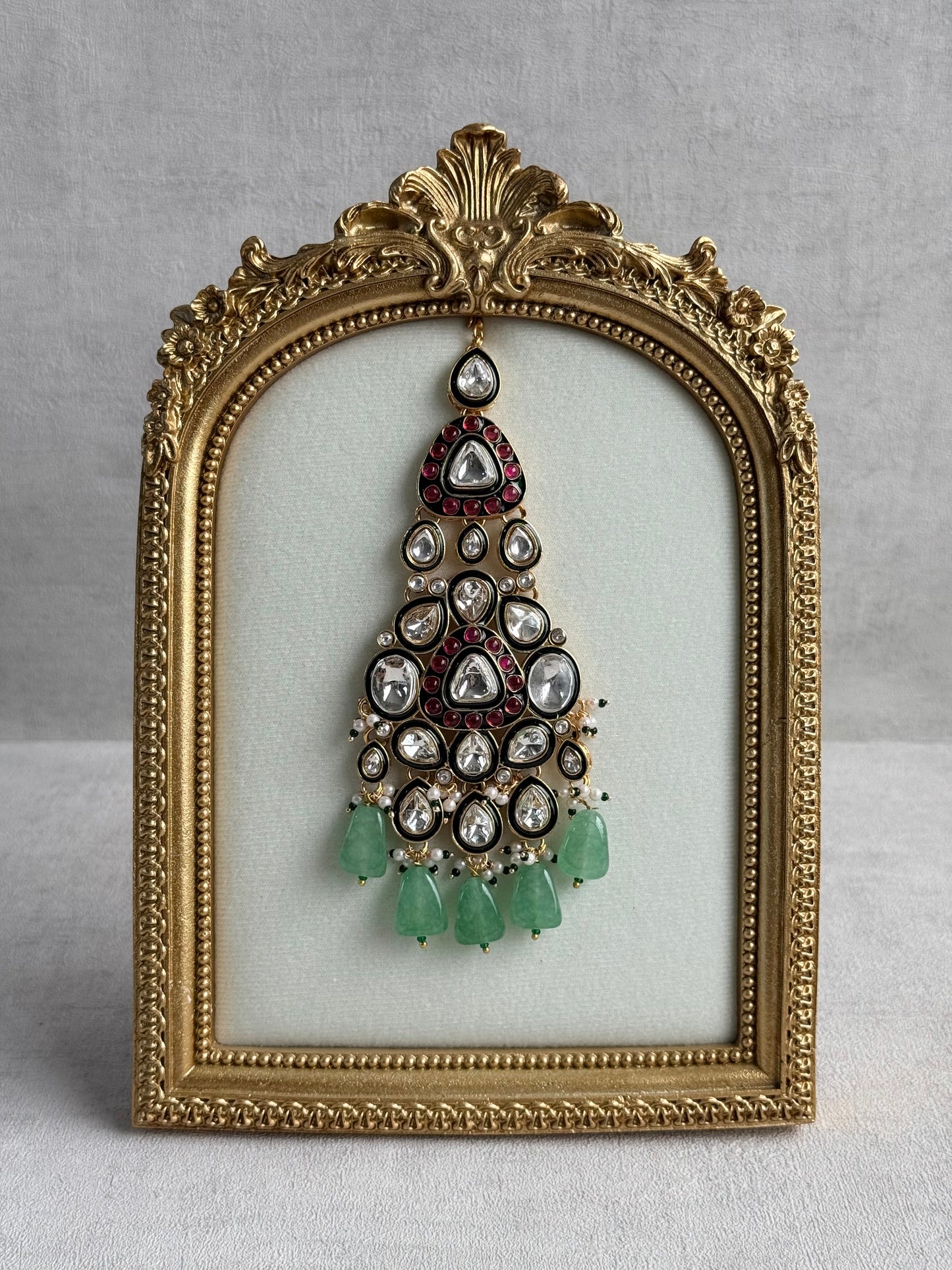 Ayura Designs Salma Jhoomar Passa – Jade Green Drops with Kundan Stones & Antique Gold Finish