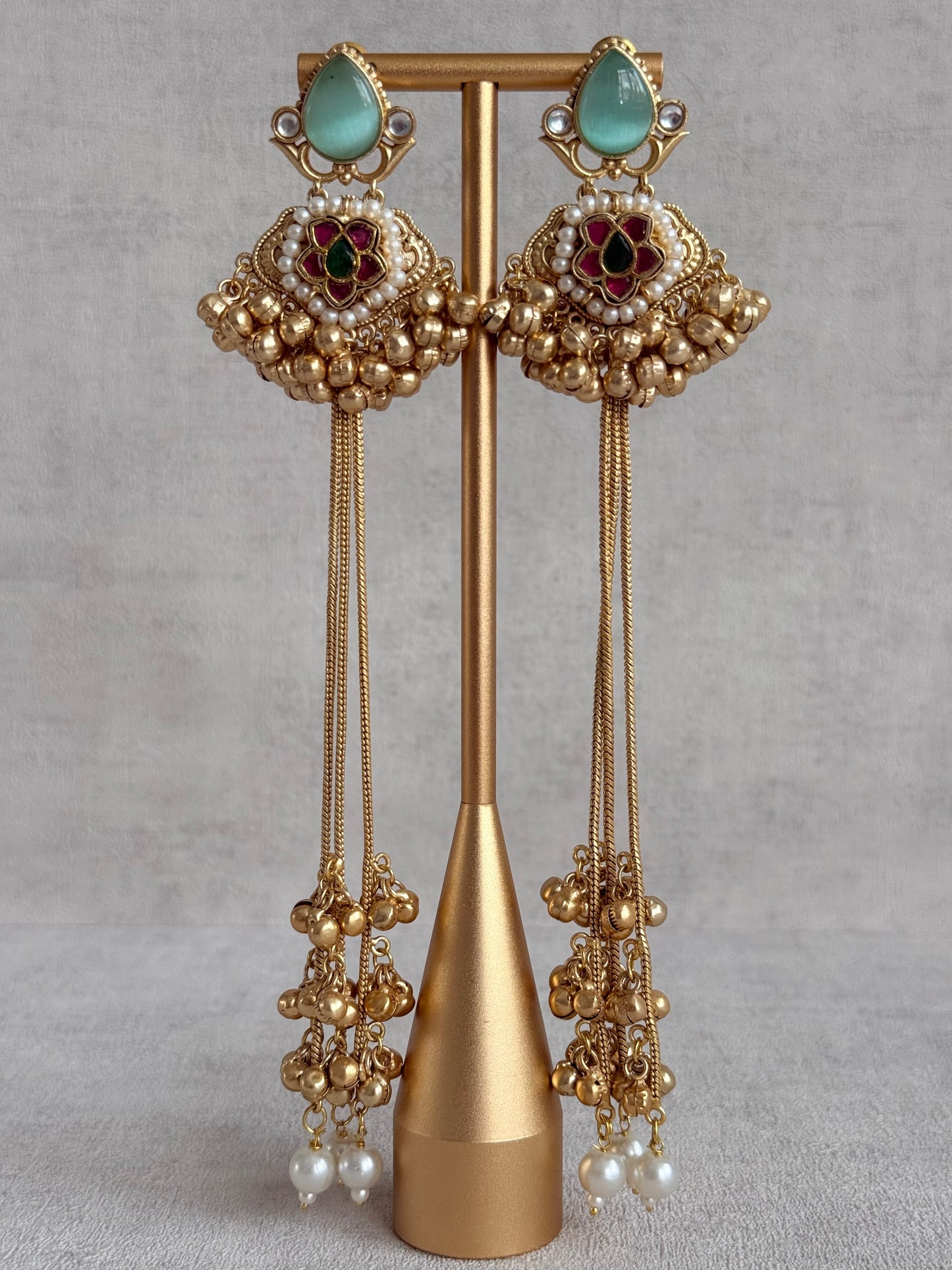 Ayura Designs Nishat Earrings – Kashmiri Duster Earrings with Mint Green Stones, Pearl Drops & Ghungroo Detailing