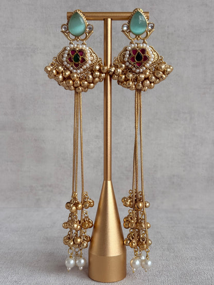 Ayura Designs Nishat Earrings – Kashmiri Duster Earrings with Mint Green Stones, Pearl Drops & Ghungroo Detailing