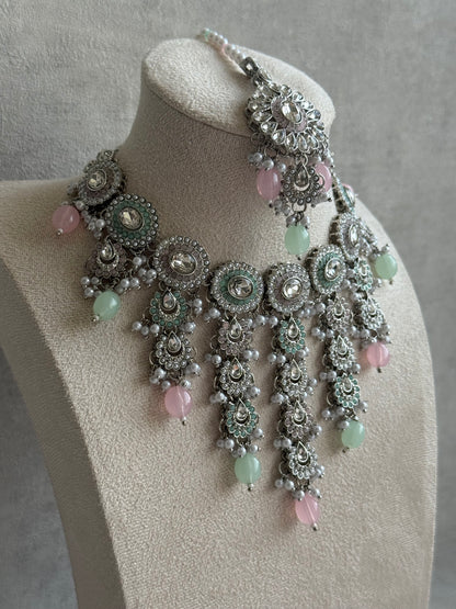 Ayura Designs Nawal Set – Necklace, Jhumkis, Tikka & Detachable Sahare with Mint & Blush Beads, Pearls & Antique Silver Finish