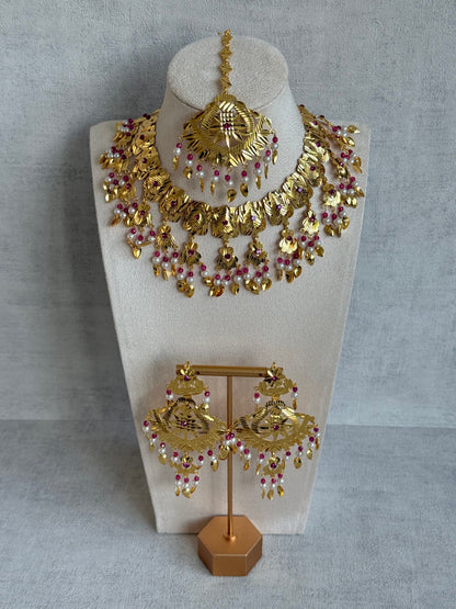 Ayura Designs Baisakhi Set with Earrings & Tikka – Gold Pipal Patti Design with Ruby Pink Beads & Pearl Detailing