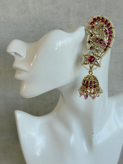 Ayura Designs Urisha Ear Climber Jhumkis – Ruby Pink, Kundan & Pearl Detailing