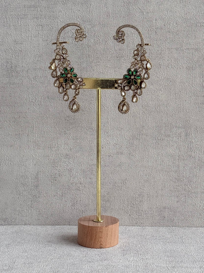 Ayura Designs Aksara Kaanphool Earrings – Emerald Green Stones, Kundan, Crystals & Antique Gold Finish