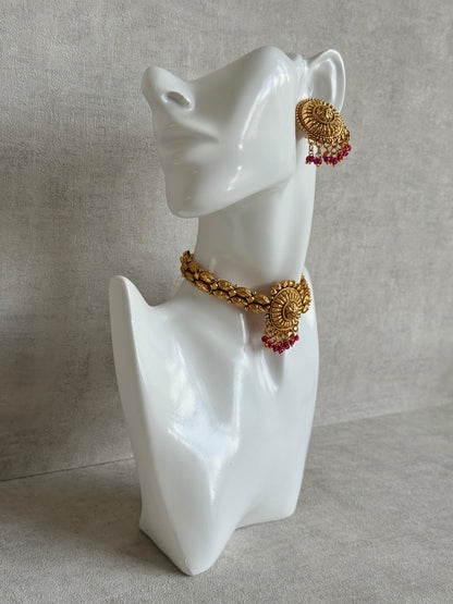Ayura Designs Rania Choker Set with Studs – Antique Gold Floral Medallion Choker with Ruby Pink Bead Detailing