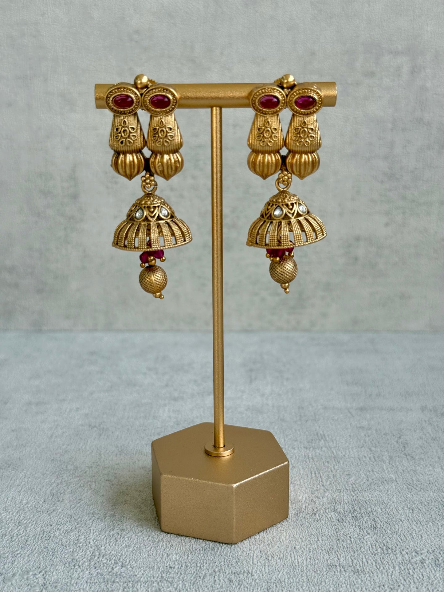 Ayura Designs Aima Necklace Set with Earrings – Antique Gold with Rani Pink Stones