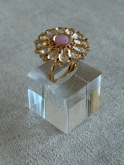 Ayura Designs Luisa Adjustable Ring – Blush Pink Centre Stone with Crystal Petal Detailing